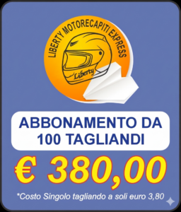 Volantino promozionale digitale per abbonamento 100 tagliandi Liberty Motorecapiti Express a 380,00 Euro con logo casco giallo.